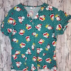 Life Christmas Santa Claus Scrub Top Green Women's Medium M V-Neck Front Pockets